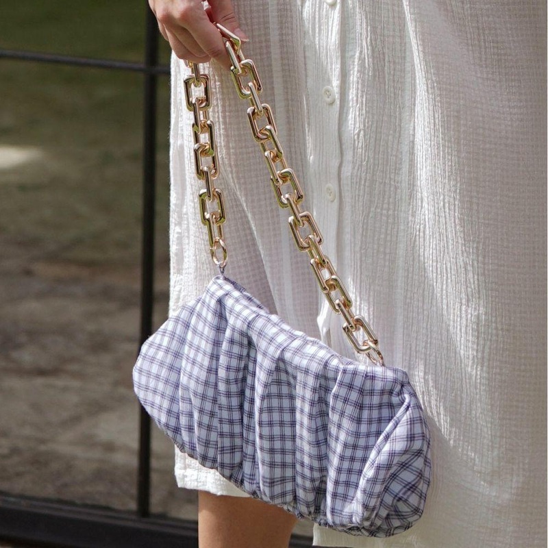 AWAN Ruffle Bag in Navy Blue Gingham  A Touch of Tropical Elegance